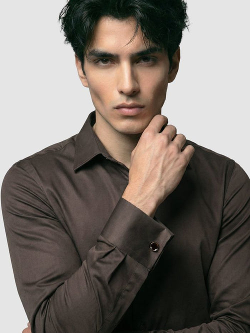 Brown Double Cuff Satin Shirt
