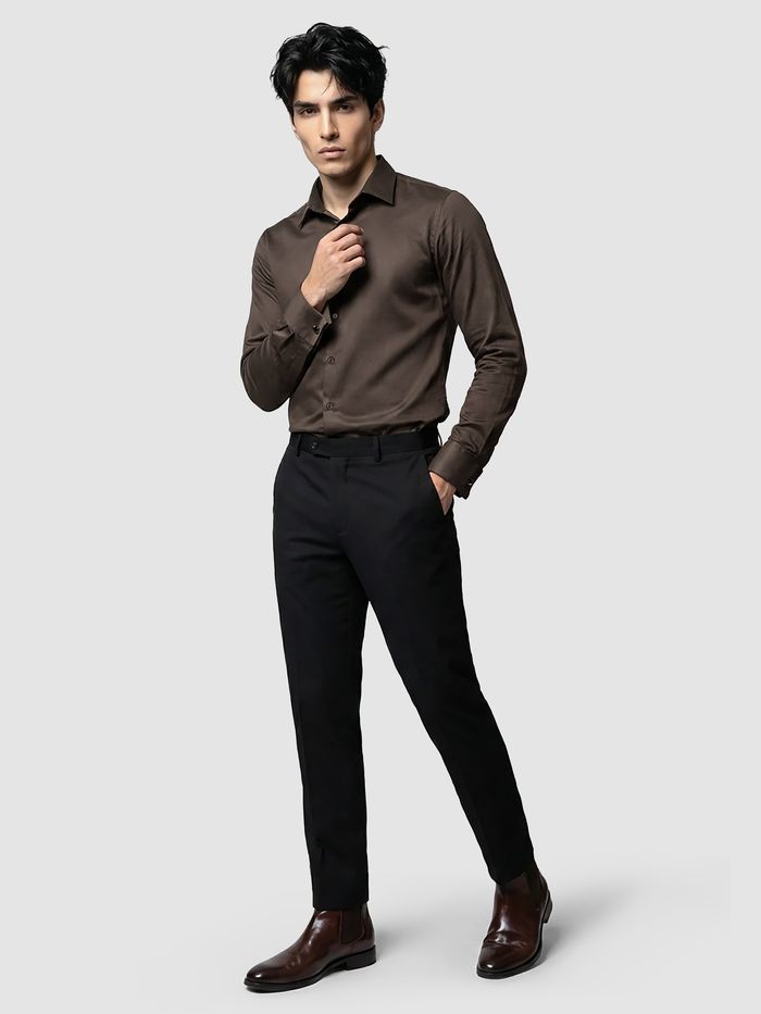 Brown Double Cuff Satin Shirt