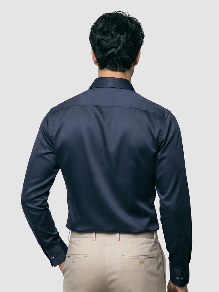Navy Double Cuff Satin Shirt