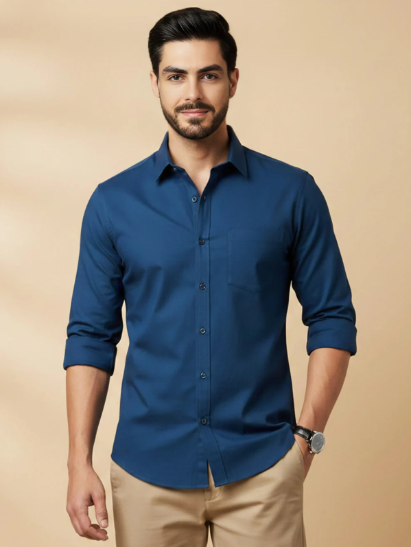 Teal Blue Cotton Blend Solid Casual Shirt