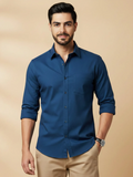 Teal Blue Cotton Blend Solid Casual Shirt