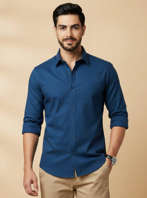 Teal Blue Cotton Blend Solid Casual Shirt