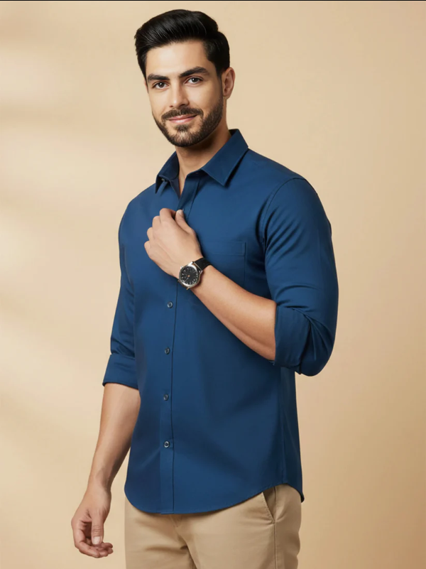 Teal Blue Cotton Blend Solid Casual Shirt