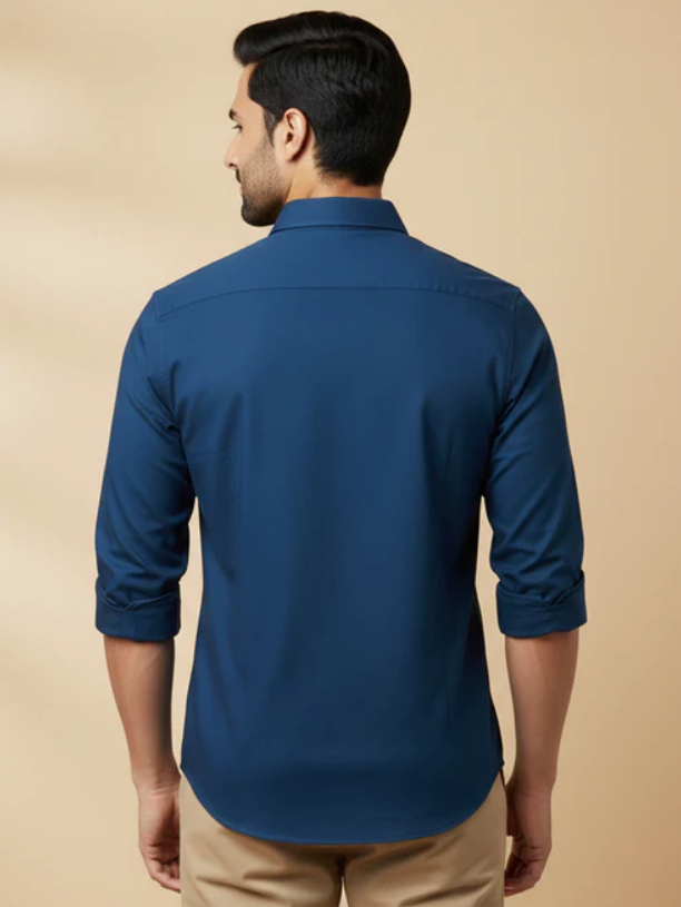 Teal Blue Cotton Blend Solid Casual Shirt