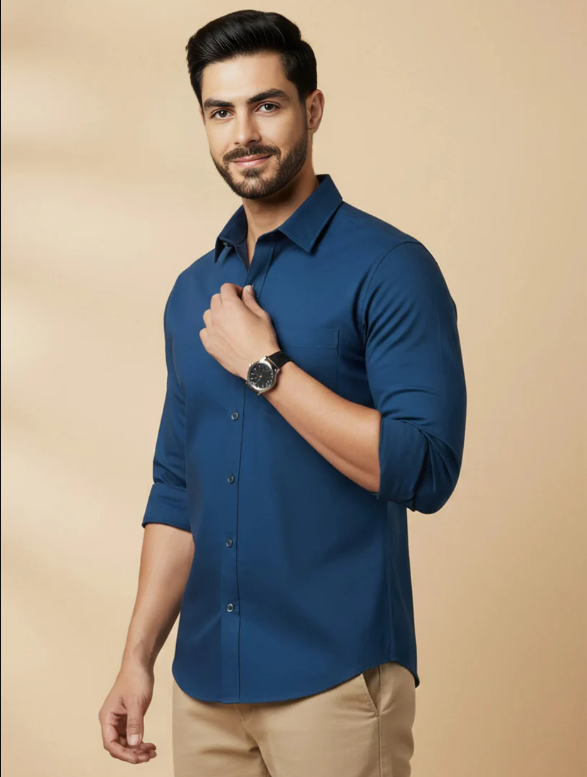 Teal Blue Cotton Blend Solid Casual Shirt