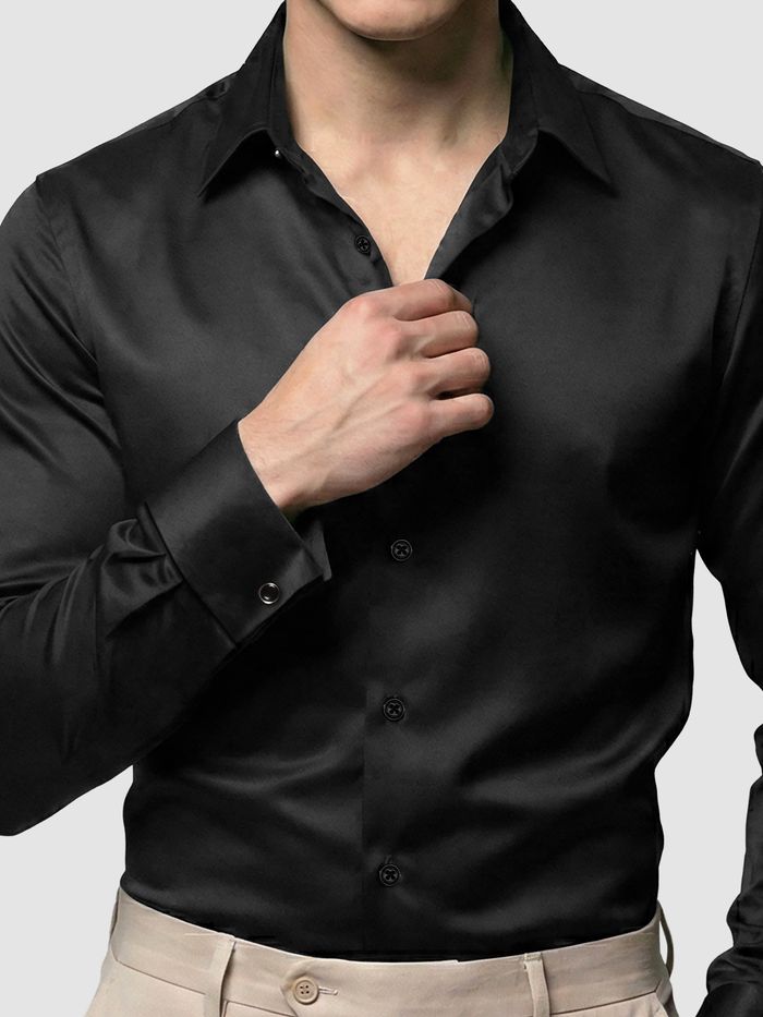 Black Double Cuff Satin Shirt