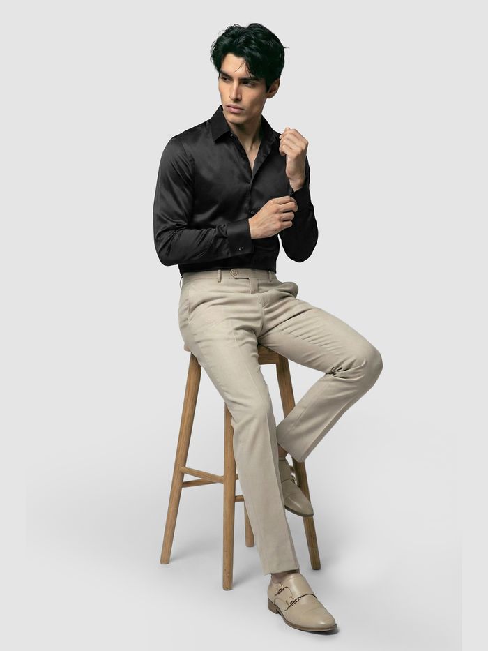 Black Double Cuff Satin Shirt