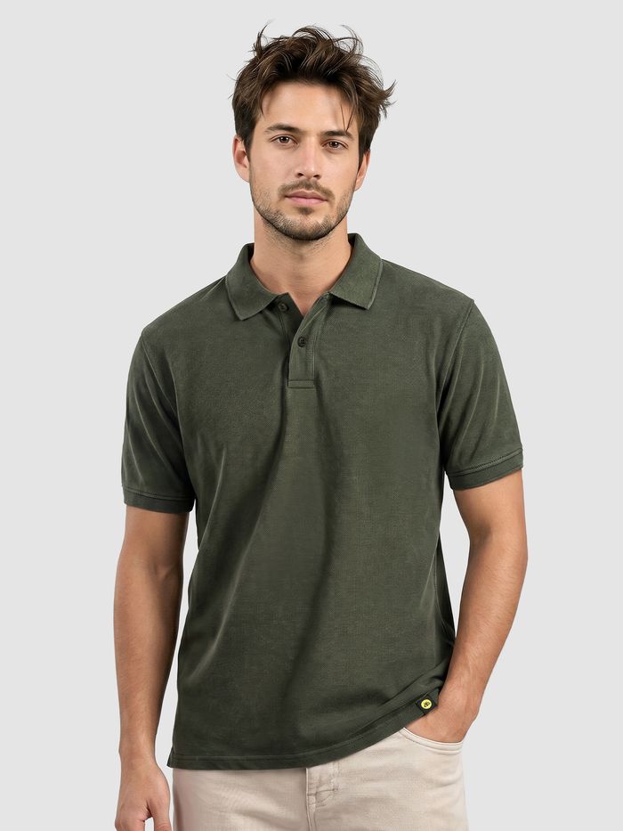 Deep Olive Acid Wash Polo T-shirt